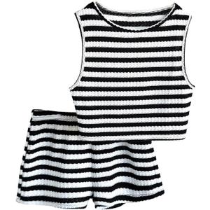 RoseSeek Girl's 2 Piece Striped Summer Outfits Textured Knit Sleeveless Crop Tank Top and Shorts Matching Set (White) 7Y 