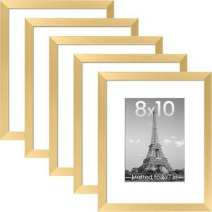Upsimples 8x10 Picture Frame Set of 5, Display Pictures 5x7 with Mat or 8 x 10 Without, Wall Gallery Photo Frames, Gold