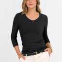 ANRABESS 3/4 Sleeve Shirts for Women V Neck Ribbed Knit Slim Fitted Tops Basic Tshirt 2026 Summer Casual Tees Trendy Outfits (Black, M)