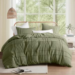 Comfort Spaces Olive Green Queen Size Duvet Cover Set - 3-pc Pintuck Pleated Duvet Cover Queen, All Season Lightweight, Extra Softness Pre-Washed Microfiber Queen Bed Cover Shams