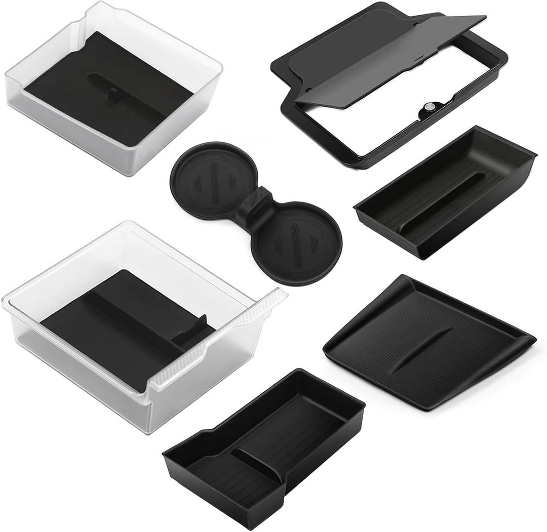 7PCS Center Console Organizer Kit for Tesla New Model Y Juniper, Double Layer Space Upper Lower Center Console Trays, Silicone Cup Holder and Charger Pad, Armrest Hidden Storage Box