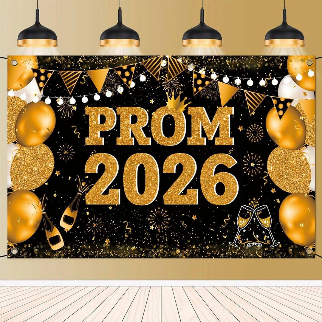 Large 71" X 43" Prom Send Off Decorations 2026 Banner, Black and Gold Prom Backdrop for Photoshoot for High School College Graduation Party Decor