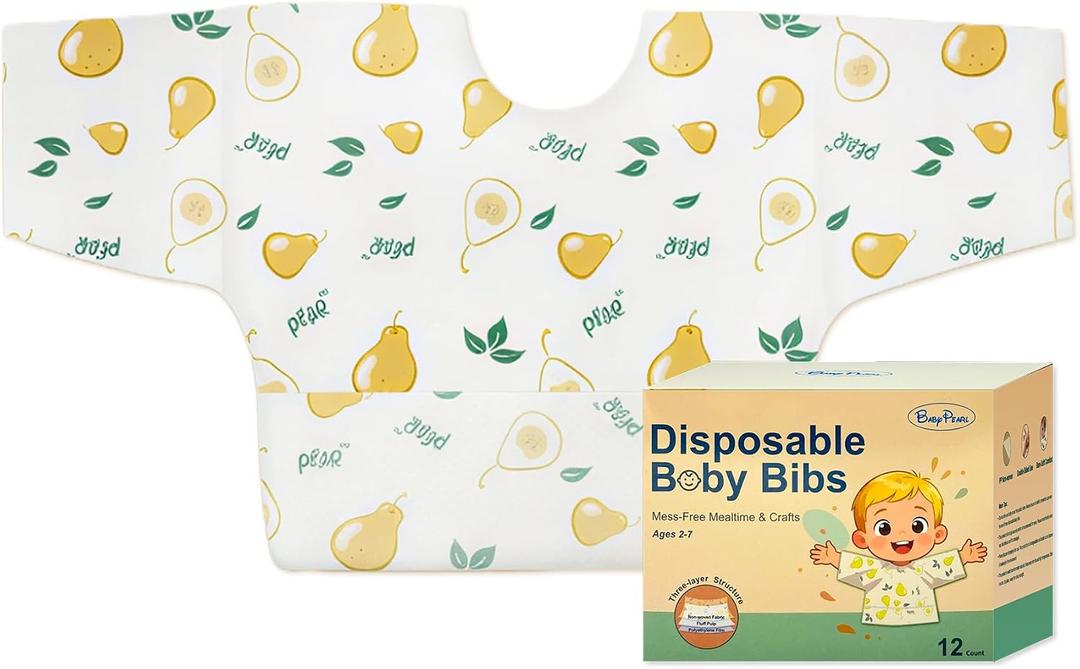 12 Count Disposable Baby Bibs Individually Packaged, 4 Fun Styles, Soft Waterproof Feeding Bibs with Leak-Proof Lining & Crumb Catcher, for Boys & Girls, Travel, Arts & Crafts, Mealtime