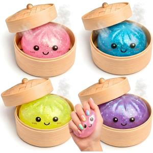 Glitter Dumpling Squishy Mystery Box 4 Pcs - 2026 Upgraded Dumplings Squishes for Adults Teens Squeeze Easter Basket Stuffers Smiling Yellow Pink Purple Light Blue