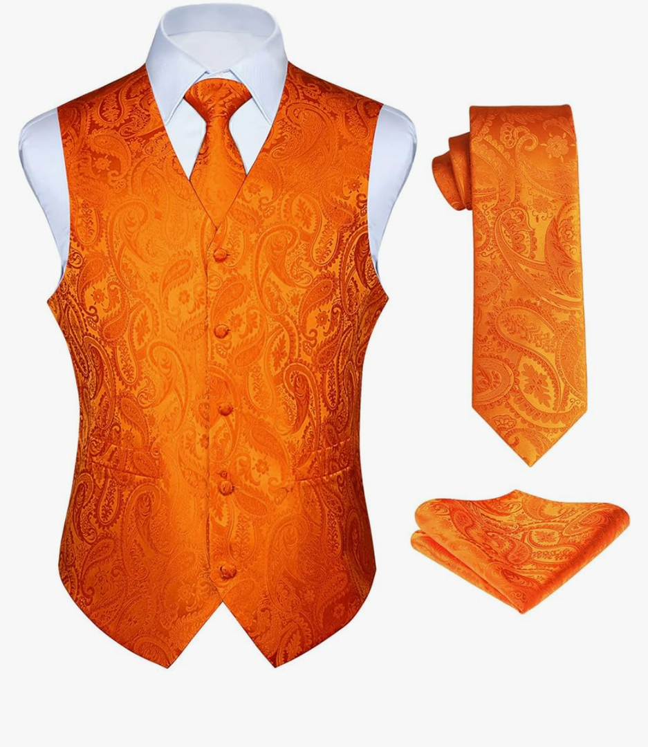 Men's Vest Tie Set Paisley Floral Jacquard Necktie Pocket Square 3PCS Waistcoat for Suit or Tuxedo Wedding Party, Small Size 