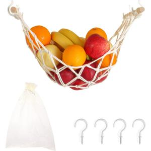 Hanging Fruit Hammock for Kitchen Under Cabinet Macrame Fruit Basket for Bananas Fruit Storage with Hooks for Kitchen Dcor