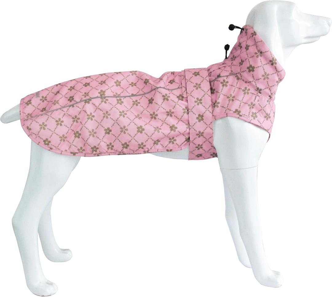 Adjustable Waterproof Dog Raincoat for Dogs,Lightweight Pet Rain Jacket Puppy Clothes with Reflective Strip for  Large Dogs(Gold Cheery Blossoms Pink) (Large(22-37lb))