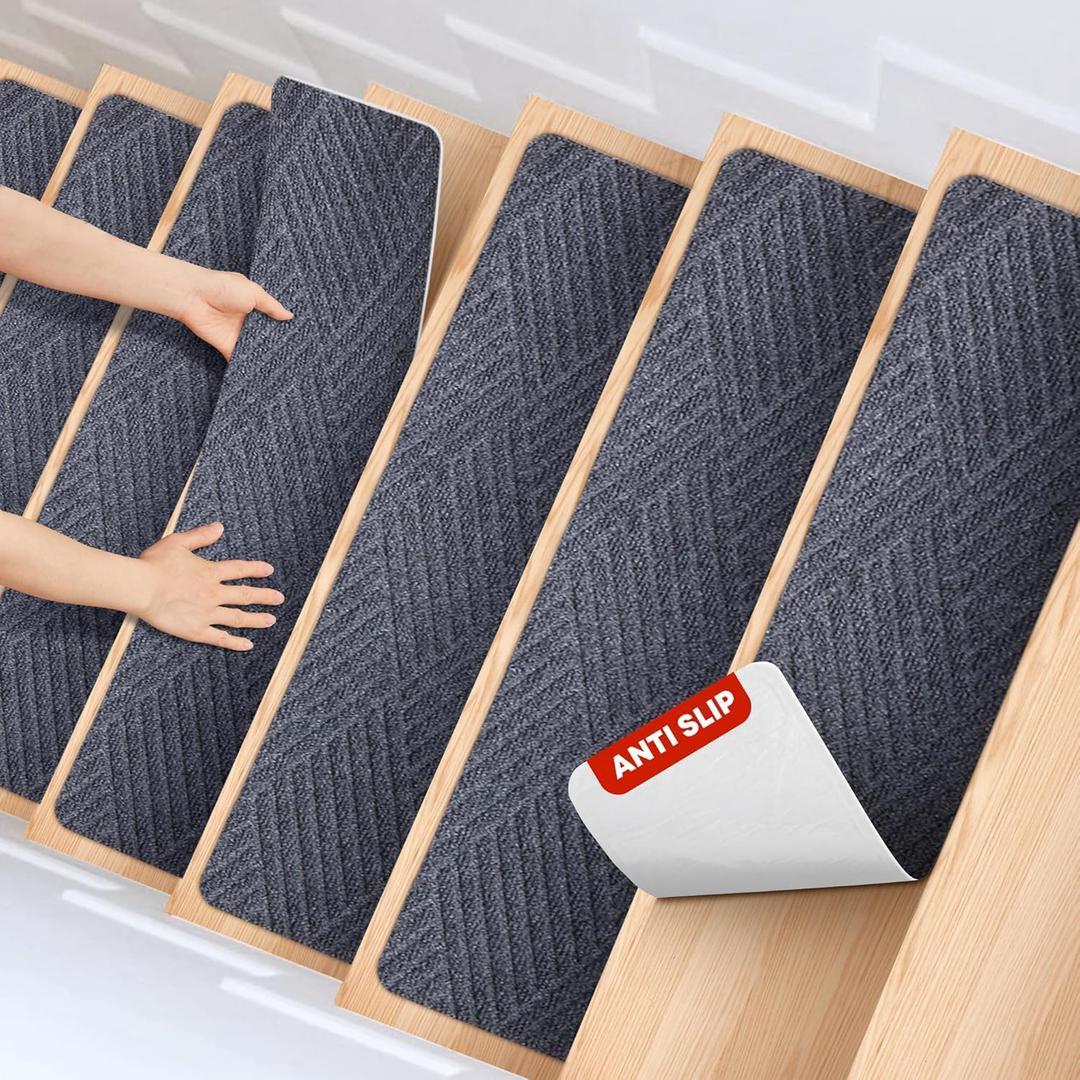 MBIGM 8 X 30inches, 15 in Pack, Non-Slip Carpet Stair Treads Non-Skid Safety Rug Slip Resistant Indoor Runner for Kids Elders and Pets with Reusable Adhesive, Dark Gray Weave