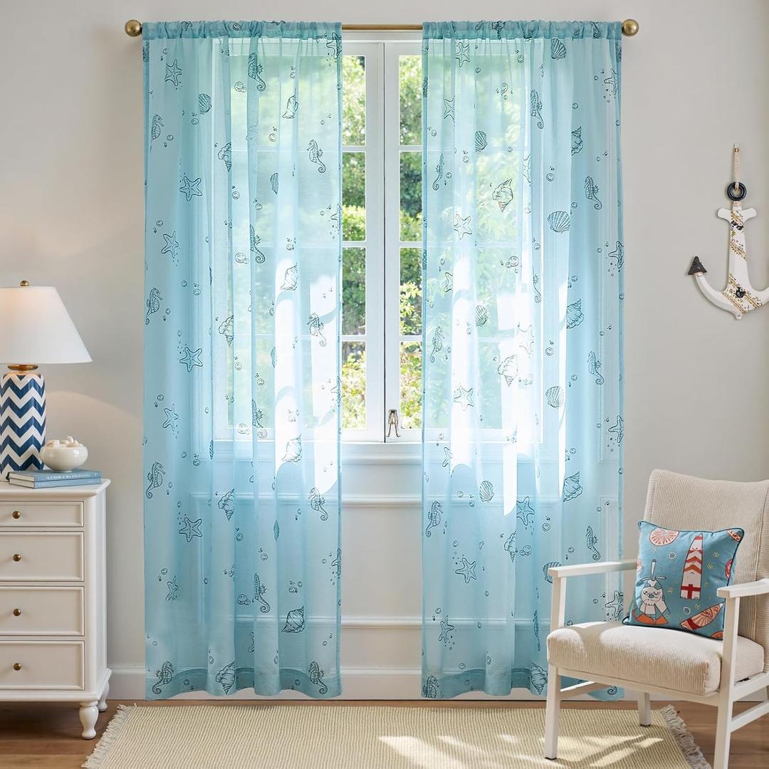 jinchan Blue Sheer Curtains for Living Room Bedroom Coastal Nursery Curtains 84 Inch Long Beach House Voile Transparent Seashell Seahorse Printed Window Treatments Set Rod Pocket 2 Panels
