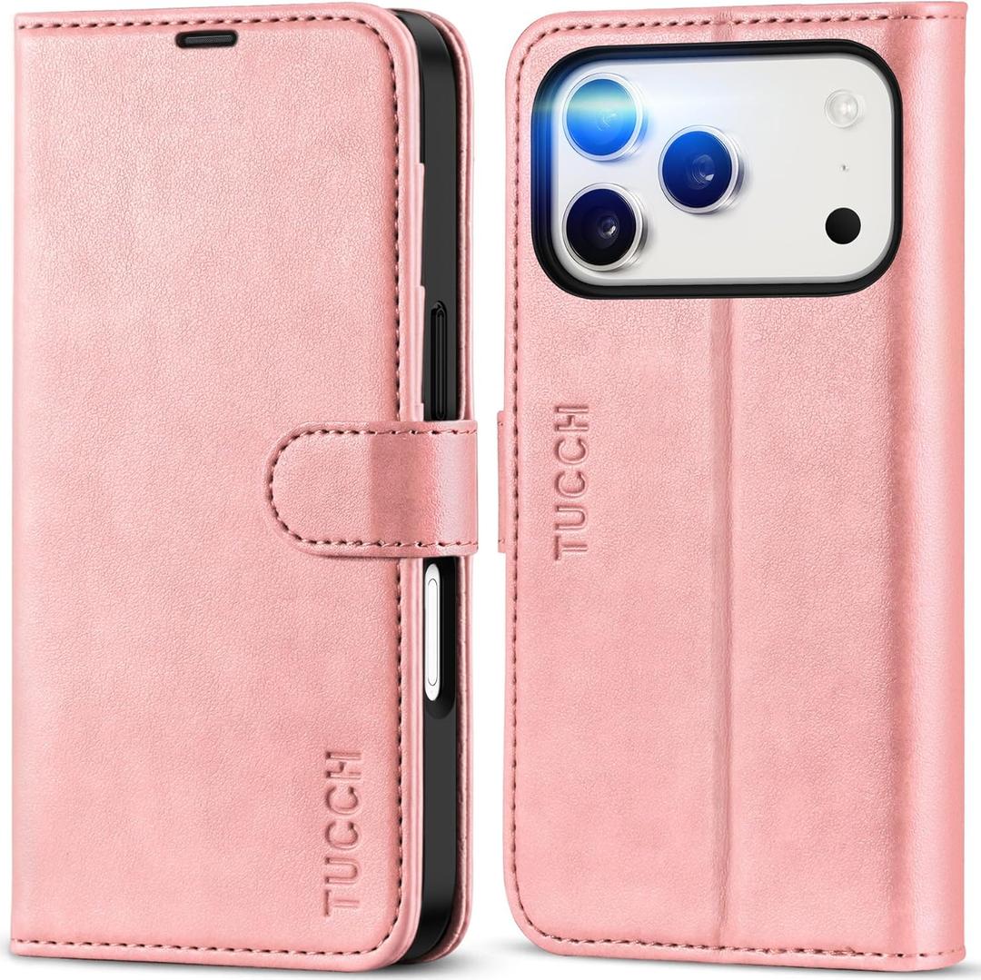 TUCCH Case Wallet for iPhone 17 Pro (6.3") 2025, Stand | RFID Blocking | 4 Card Holder | PU Leather | Magnetic Closure Folio Protective Cover | TPU Shockproof Inner Shell | Rose Gold