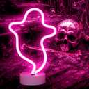 Ghost Neon Signs Halloween Night Lights, LED Signs Ghost Shape Lamp Neon Lights for Nursery Room Wall, Festival, Party Christmas Decor-Ghost with Holder Base(Pink)