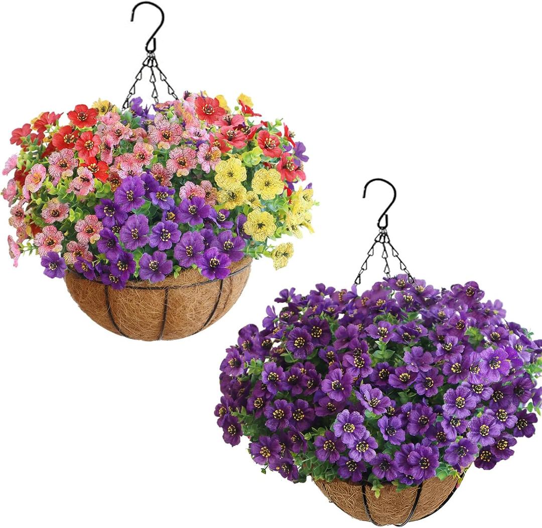 Artificial Hanging Plants Flowers with Basket 2 Packs, Artificial Hanging Flowers for Outdoors, Faux Hanging Plants Outdoor, Blue Fake Flowers, Yellow+Purple+Pink+Red&Purple