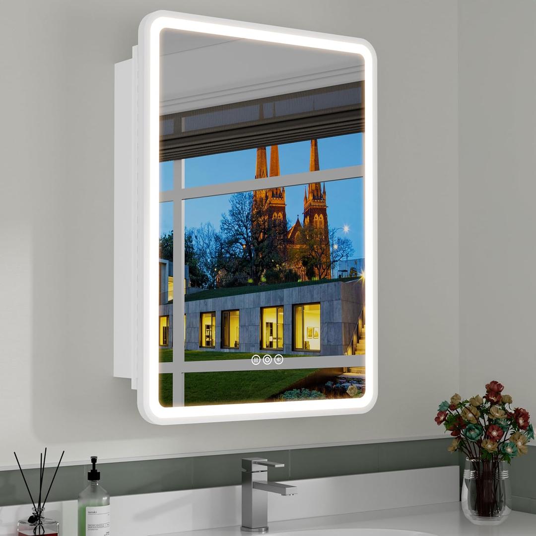 24x30 Inch Medicine Cabinet with Mirror, Recessed or Surface Mount Bathroom Medicine Cabinet with LED Lights, Anti-Fog, Memory Function, Adjustable Shelf, Dimmable Light, ETL Listed, White,Left Hinge