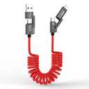 AGVEE 3ft 4-in-1 Coiled Multi USB C Charging Cable, Secure-Slide No-Loss Adapters, Slim Tips Fit Thick Cases, Lightning End Reinforced, PD 60W for iPhone Carplay, Samsung, iPad, Red
