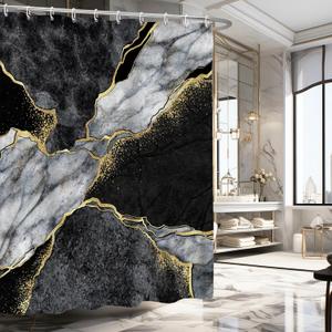 Gold Black Marble Shower Curtain, Black Grey Luxury Modern Abstract Shower Curtain Set for Bathroom, Fabric Bath Curtain with Hooks, 72x72in (3)