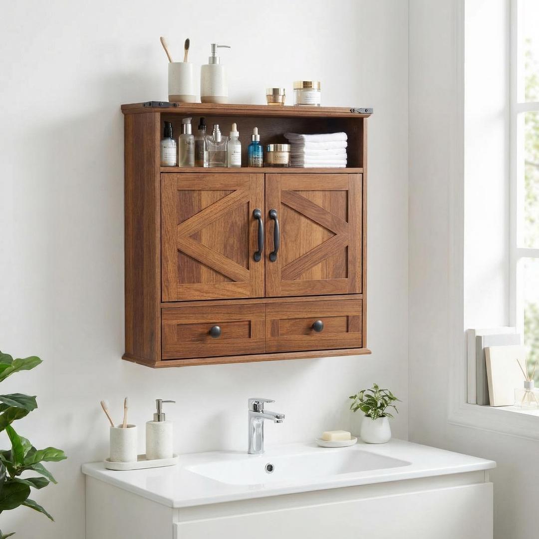 Bathroom Cabinet with Double Barn Doors – Wall Mounted Medicine Cabinet over Toilet with Adjustable Shelf & Drawer, 25" Wide Hangging Storage Cabinet for Bathroom, Kitchen, Laundry, Entryway Brown
