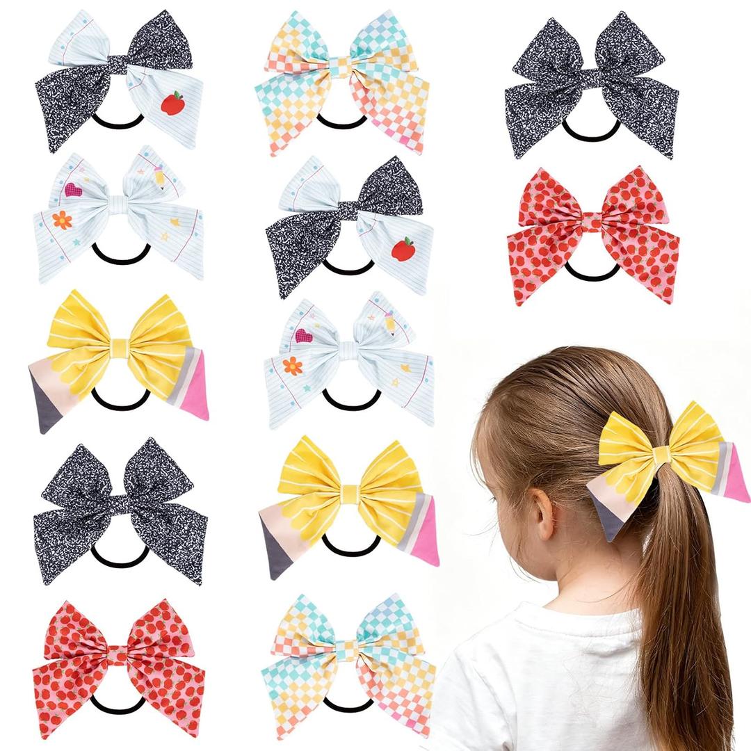12 Pcs Back to School Hair Bow Scrunchies | Pencil, Apple and Composition Notebook Designs, First Day of School Student and Teacher Outfit Accessories