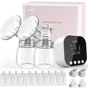 Lulia Double Electric Breast Pump, Breastfeeding Pump 4 Modes & 9 Levels, Low Noise, Anti-Backflow & LED Display, BPA Free, Portable Breast Pumps with 10 Breastmilk Storage Bags and 24mm Flange (White)