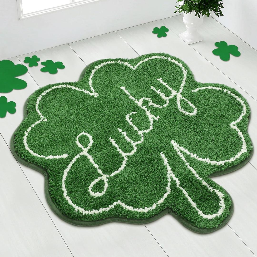Ceenna St. Patrick's Day Bathroom Rugs Lucky Green Shamrocks St. Patrick's Day Door Mat Irish Four Leaf Mat Non Slip Rugs for Entrance Front Door Indoor Outdoor (Green)