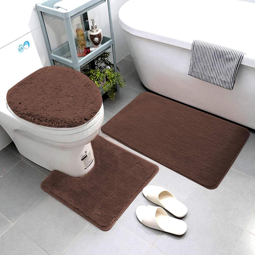 ITSOFT 3pc Non-Slip Shaggy Bathroom Mat Set, Includes 24 x 21 Inches U-Shaped Contour Toilet Rug, 34 x 21 Inches Bathmat and 1 Toilet Lid Cover, Brown