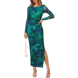 CFLONGE Long Sleeve Dress for Women Floral Print Ruched Wedding Guest Maxi Dresses Tight Fitted Cocktail Party Bodycon Dress (Green, XXL)