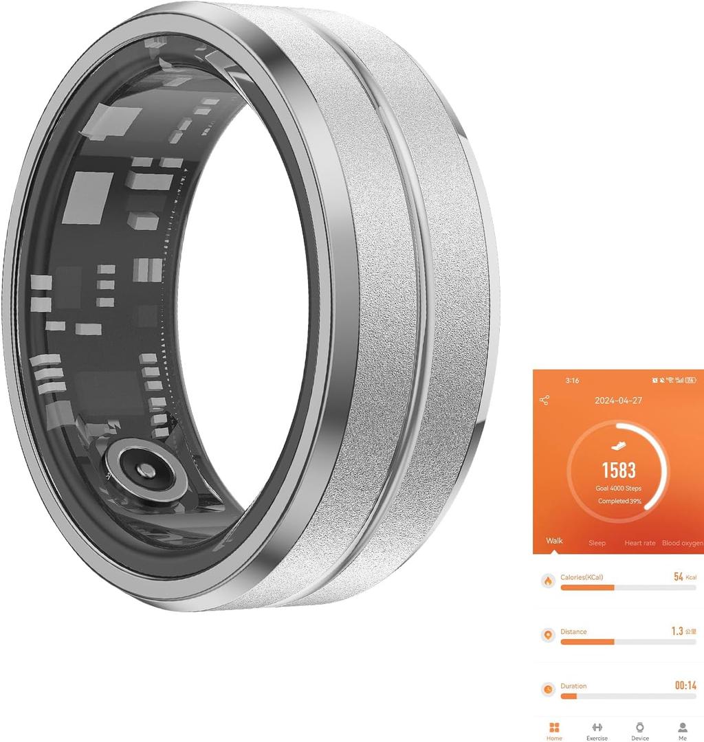 Fitness Tracker Smart Ring,Step Counter,Heart Rate Blood Oxygen Sleep Tracker Health Ring, 5ATM Waterproof Long Battery Life Smart Rings Compatible with iOS & Android (Silver, US 10)