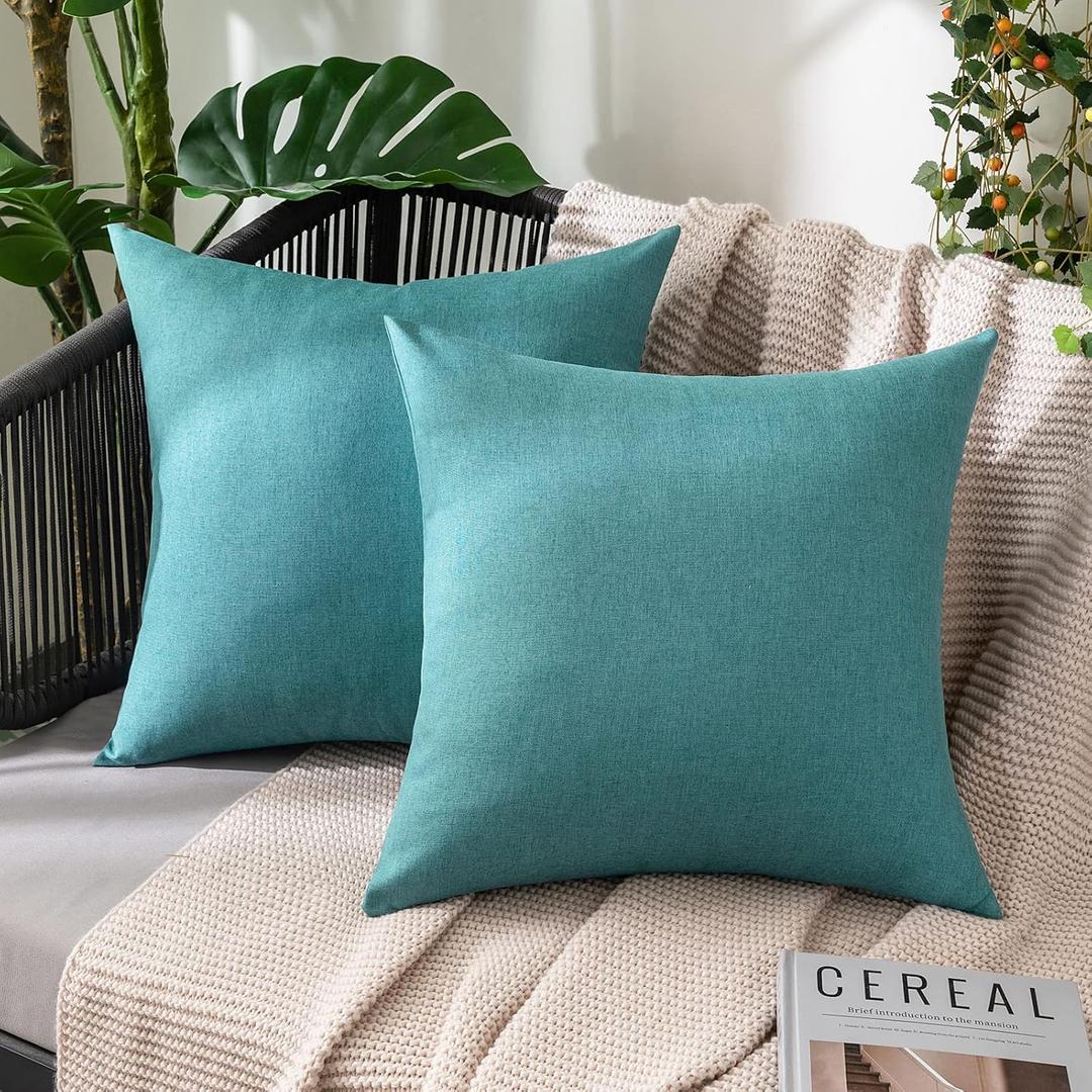 MIULEE Pack of 2 Decorative Outdoor Solid Waterproof Throw Pillow Covers Faux Linen Garden Farmhouse Coastal Cushion Cases for Summer Patio Tent Balcony Couch Sofa 18x18 Inch Turquoise