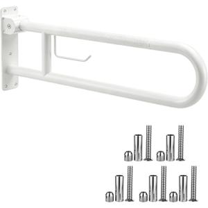 22.5 Inch Toilet Grab Bar, HUAS White Anti Slip Bathroom Toilet Safety Rails, U Shaped Flip-Up Handicap Grab Bars w/Paper Holder, Stainless Steel Support Handrail for Elderly Disabled Senior