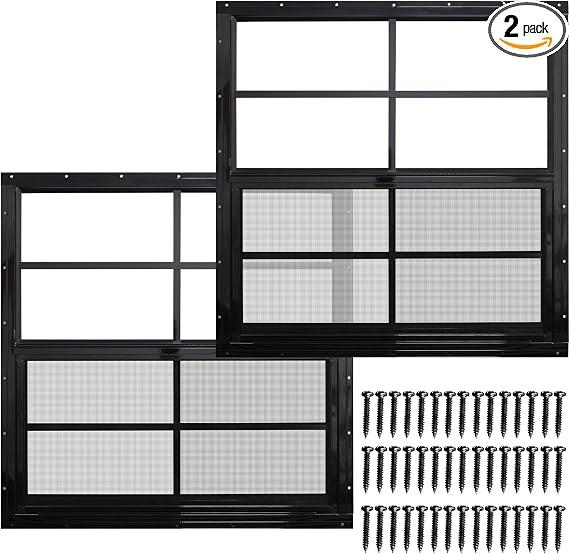 NeatiEase 2 Pack Shed Windows with Black Frame, 36 x 36 Flush Mount Small Window with Tempered Glass and Fiberglass Screen for Shed, Chicken Coop, Playhouse, Household, Garage