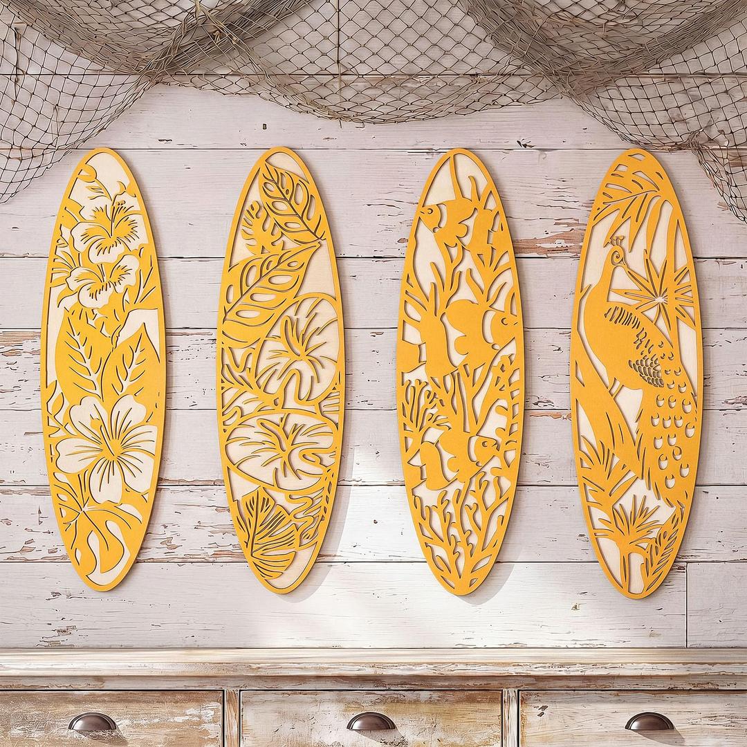 Geetery 4 Pcs Yellow Surfboard Wall Decor Carved Hollow Wooden Beach Art