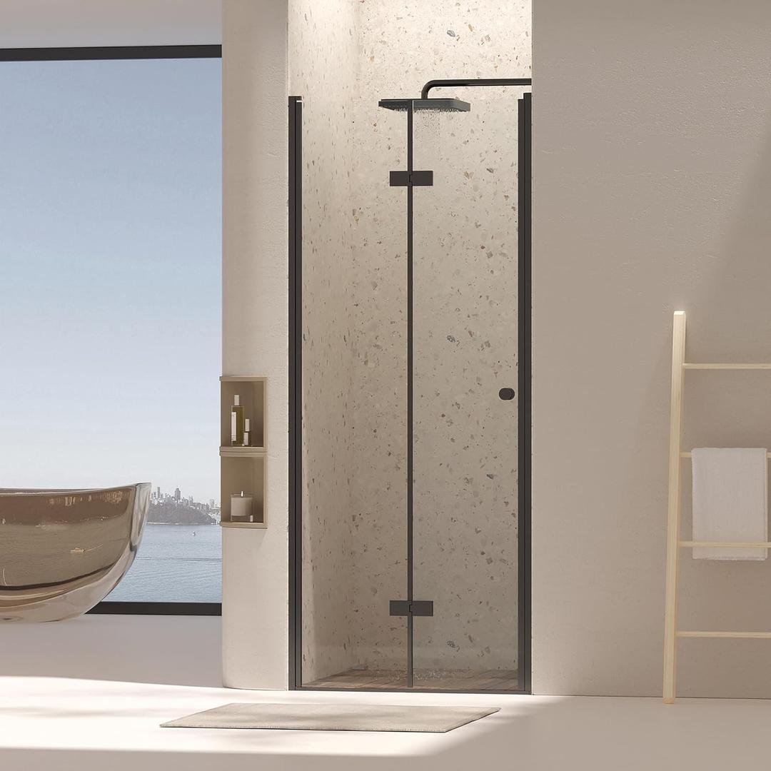 WinZo Double-fold Shower Door, Pivot Swing Shower Glass Doors with 1/4"(6mm) SGCC Clear Tempered Glass,Explosion-Proof Film, Reversible Installation, Brushed Nickel (Matte Black, 30"×72")