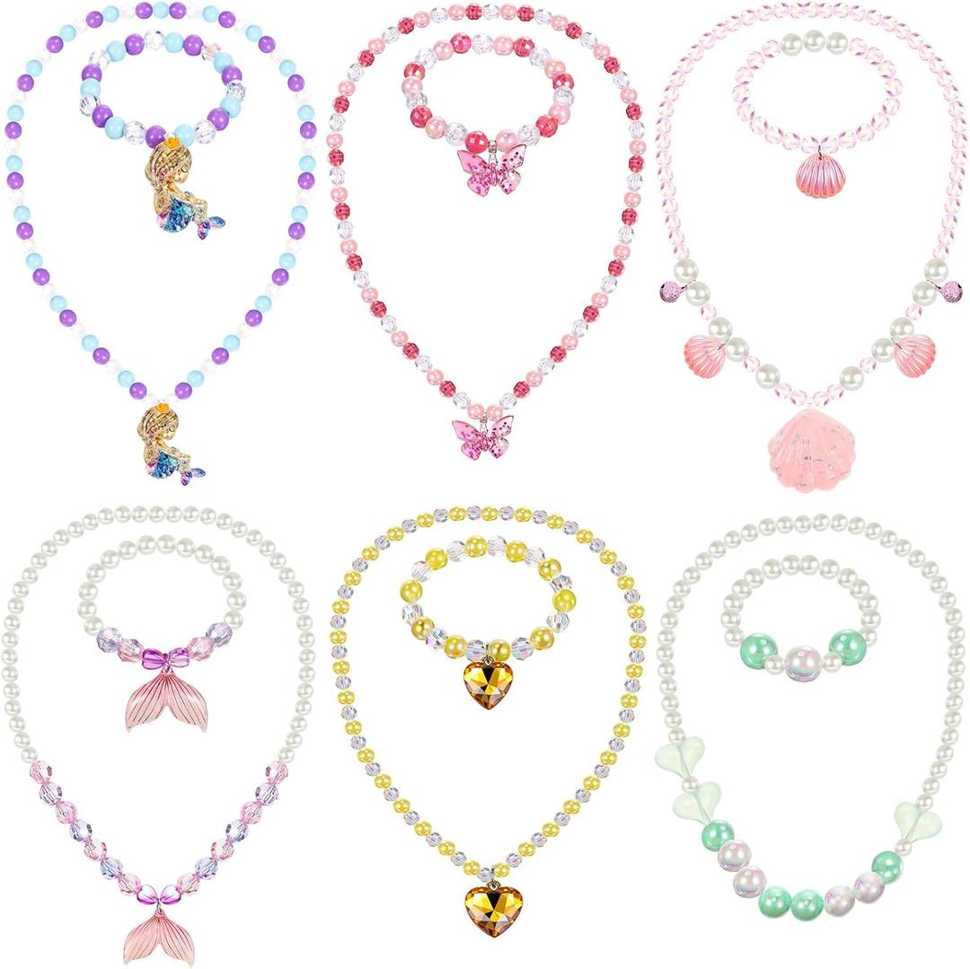 Sumind 6 Sets Toddler Jewelry for Little Girls Baby Beaded Necklace and Bracelet Costume Dress up Jewelry Gifts Princess Party Favors(Princess Style)