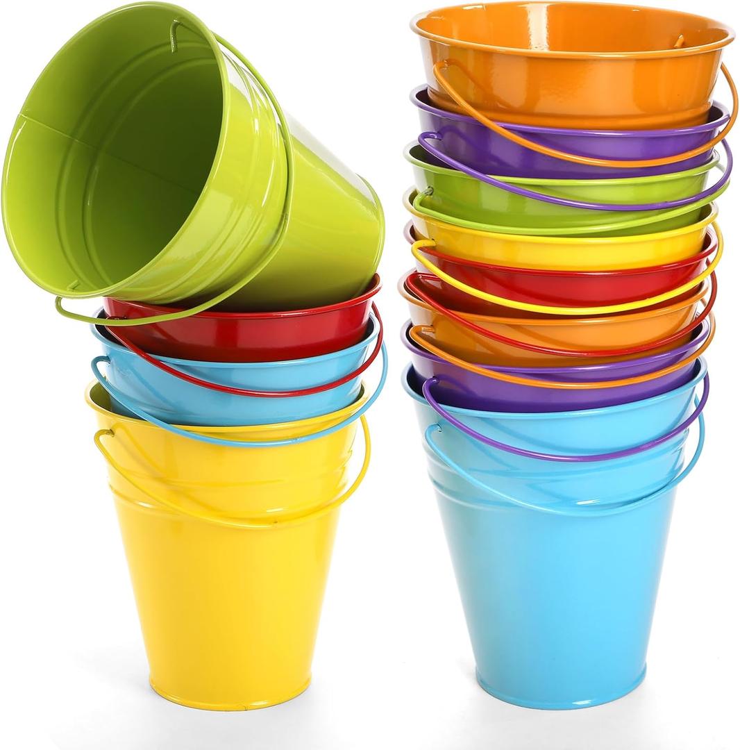 Nicunom 12 Pack Small Metal Buckets with Handle, Colored Galvanized Metal Bucket Small Pails for Party Favors, Decor, Garden Planters, 4.5 x 5 Inch