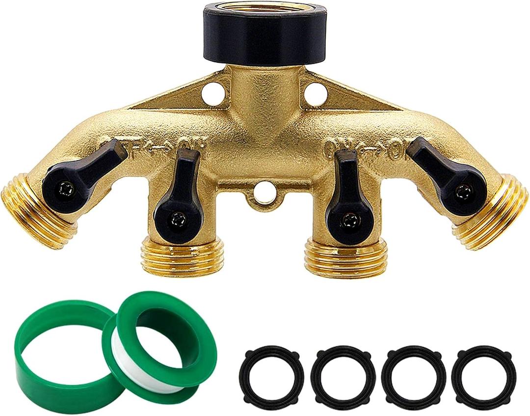 Biswing 4 Way Brass Hose Splitter, 3/4" Brass Hose Faucet Manifold, Garden Hose Adapter Connector, Hose Spigot Adapter with 4 Valves