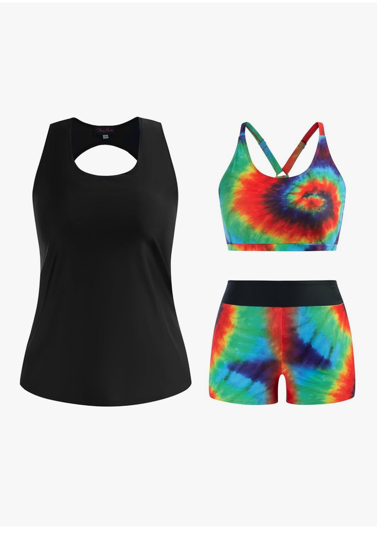 Hanna Nikole 3 Piece Tankini Swimsuits for Women Tummy Control Plus Size Bathing Suit with Boy Shorts Tank Top and Sports Bra, Size 28 W