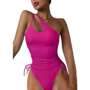 Eomenie Women's One Piece One Shoulder Swimsuit with Drawstring Tummy Control Bathing Suit Sexy High Cut Swim Suits (Medium, Hot Pink)