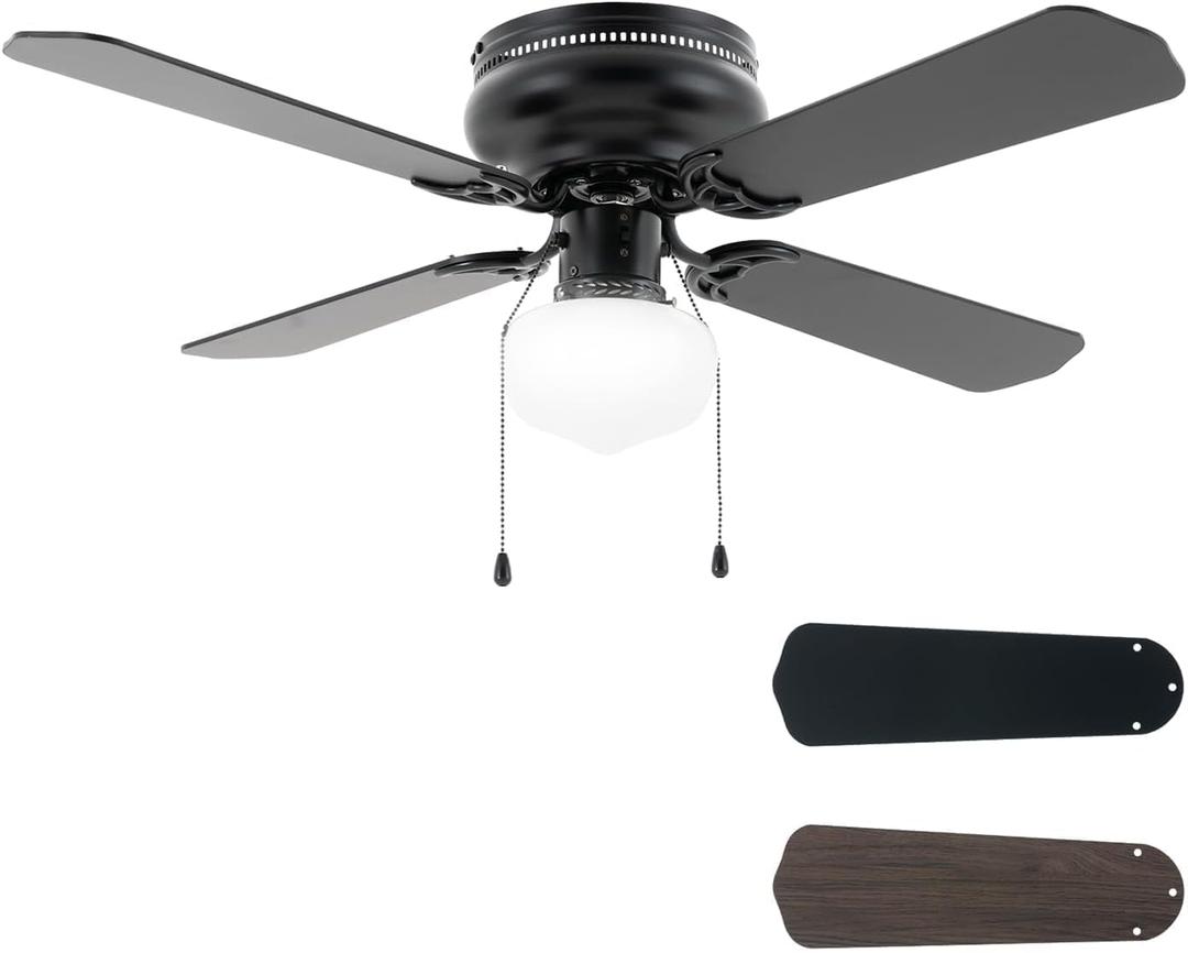 42 Inch Ceiling Fan Traditional: Flush Mount with LED Light - Pull Chain Control- Dual Finish Blades - Reversible for Bedroom, Home OfficeMatte Black