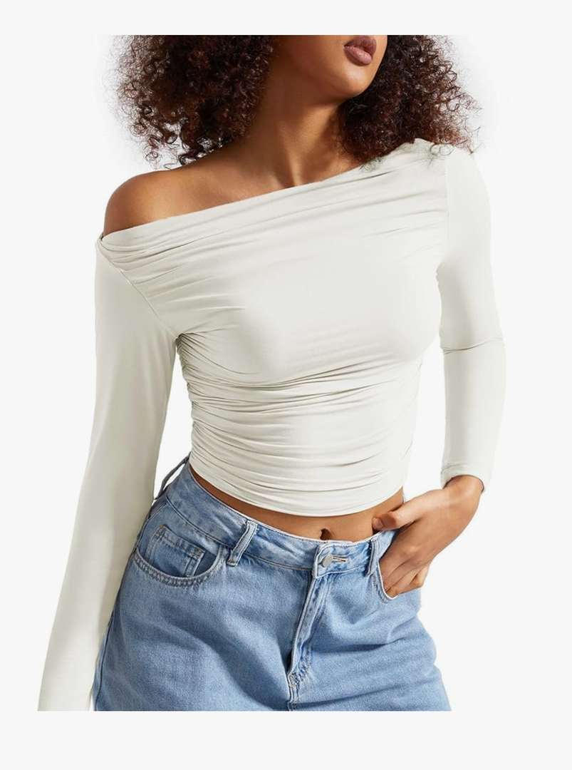 Women Off Shoulder Long Sleeve Shirts Double Lined Fitted Crop Tops M