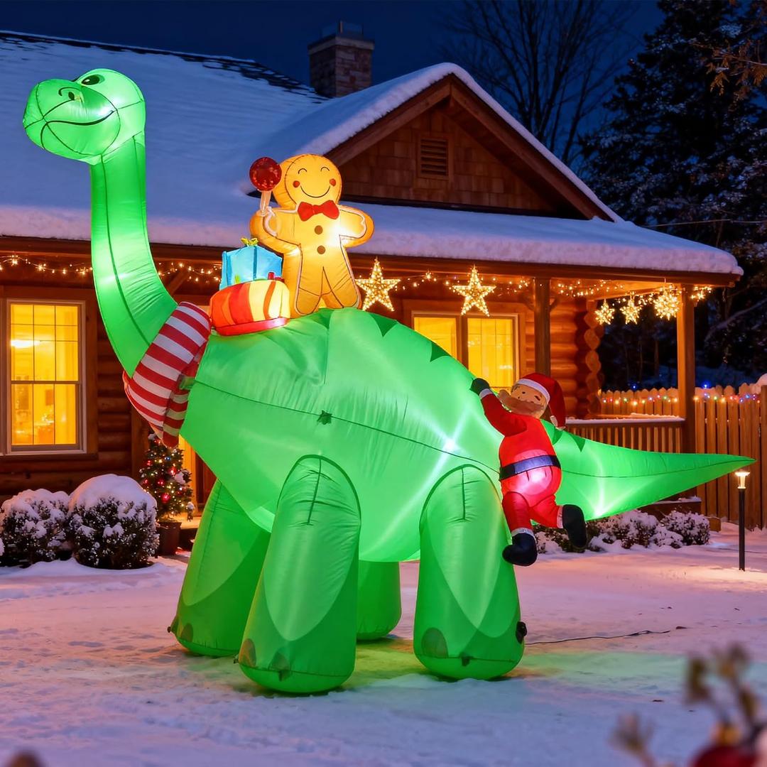 JOYHALO 12FT Giant Christmas Inflatables Dinosaur with Santa Claus, Blow Up Yard Decorations with Bright LED Lights, Christmas Outdoor Inflatables Also for Indoor Lawn Party Decor