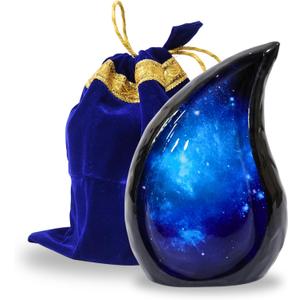 NORSE'S TRADECRAFT Teardrop Urn for Ashes Adult Male & Female | Memorial Gifts with Velvet Bag l Cremation Urns with Blue Single Sided Galaxy Design | Handcrafted Memorial Box for Funeral - 60 cu in