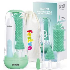 Festiva Electric Bottle Brush Cleaner - Baby Bottle Brush Set with Bottle Brush, Mixing Head, Nipple & Straw Brush, Baby Travel Essential, (Green)