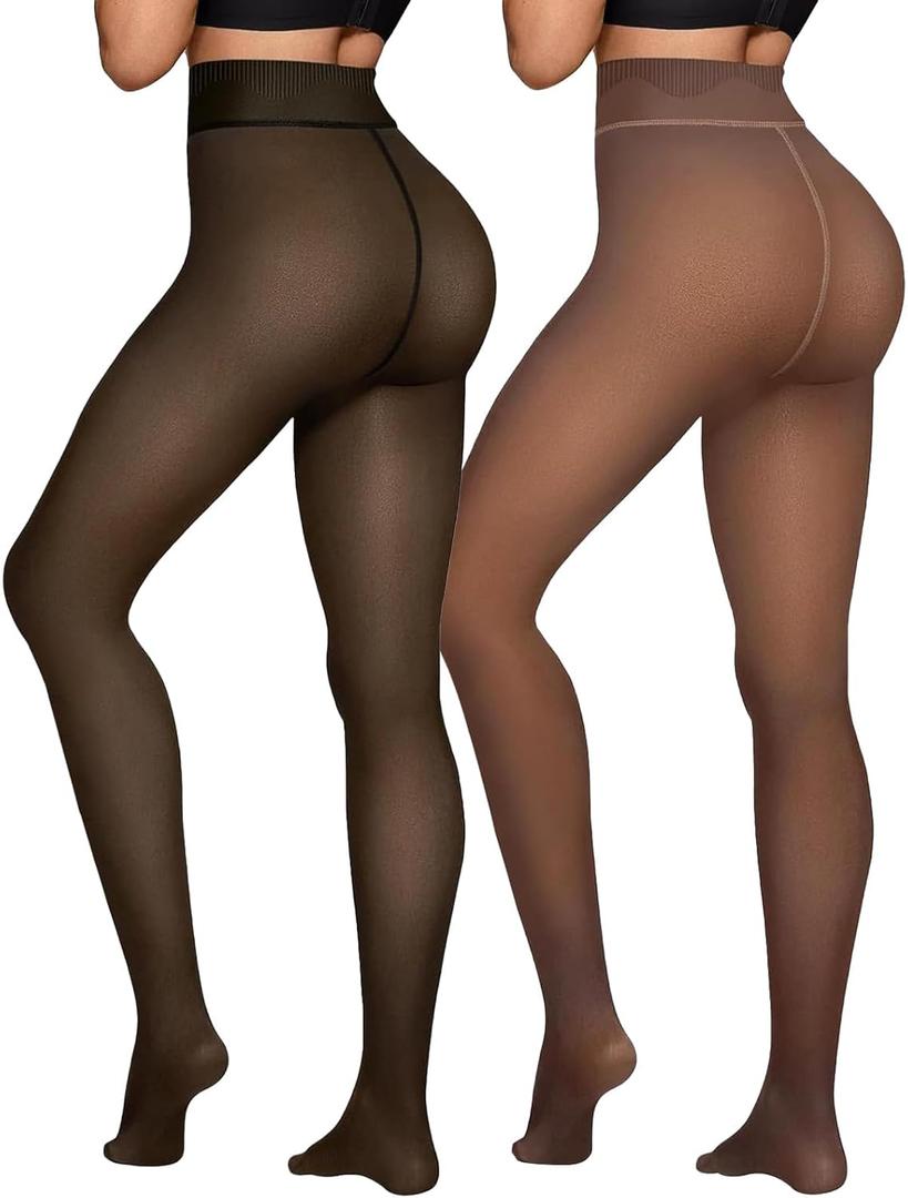 Fleece Lined Tights Sheer Women - Fake Translucent Warm Pantyhose Leggings Sheer Thick Tights for Winter (Medium, Invisible One Line Crotch-black+brown)