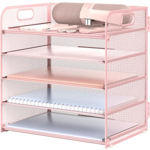 Sinboun Letter Tray Paper Organizer 5-Tier Desk Organizer File Organizer Paper Holder with Handle, Metal Desktop Document Shelf Tray Office Classroom Organization - Pink, PK5CENGTISHOU