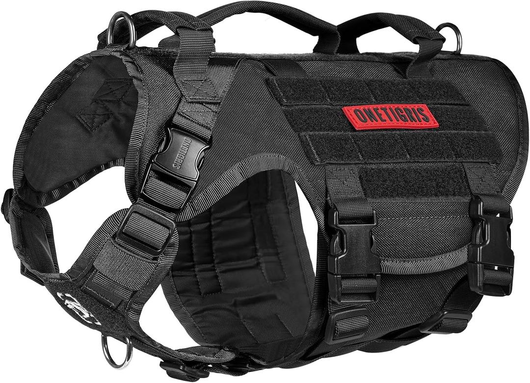 OneTigris Large Tactical Dog Harness, No Pulling Adjustable Dog Vest Harness, Heavy Duty Dog Harness with Handle, Large Hook and Loop Panels for Patch (Black,S)