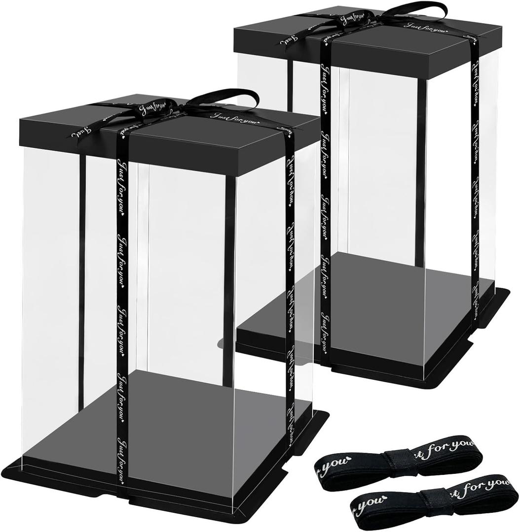 TEMPSPACE 2PCS Clear Gift Boxes Transparent Gift Cake Box, 6.8 * 6.8 * 11.5 inch Transparent Display Case Gift Boxes with Base, Lid & Ribbon for Wedding, Birthday, Christmas, Thanksgiving, Party