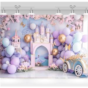 Princess Castle Backdrop Photography Flower Pink Floor Decorations Girls 1st Birthday Cake Crush Party Photo Background Photo Studio Banner (7x5FT)