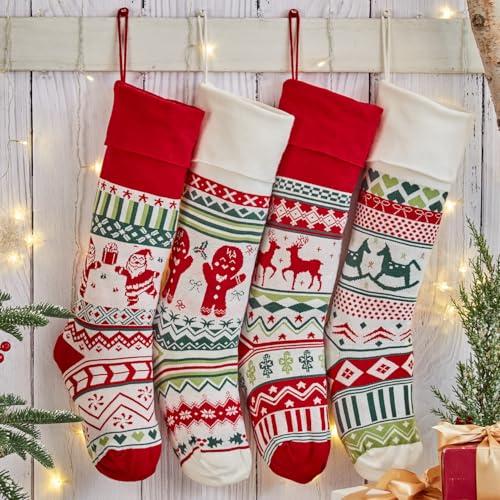 Ficrfart 4 Pack Christmas Stockings, 22'' Large Embroidered Knit Christmas Stocking, Holiday and Family Knitted Xmas Stocking for Fireplace or Party Decoration A2