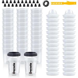 Disposable Paint Cups 6 Ounce(165ml), Mini Paint Mixing Cups with Lid and 50 Pack Paint Cup for Automotive Spray, 125-Micron Filter, 2 Hard Cup with Retainer Ring, 20 Plugs, 1 Stirrer, 1 Seal Tape