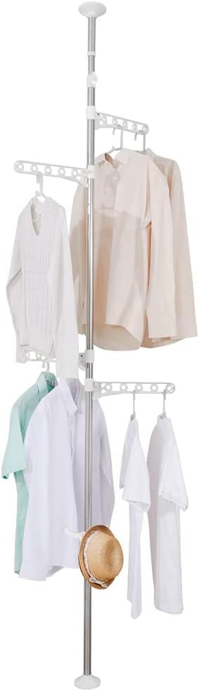 BAOYOUNI Corner Laundry Pole Coat Tree Hanger Telescopic Clothing Drying Rack Floor to Ceiling Tension Shelf Rod Metal Storage Organizer Stand with 4 Arms & 1 Hook - Ivory BAOYOUNI Corner Laundry Pole Coat Tree Hanger Telescopic Clothing Drying Rack Floor to Ceiling Tension Shelf Rod Metal Storage Organizer Stand with 4 Arms & 1 Hook - Ivory
