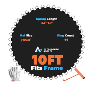 10FT Trampoline Mat Replacement 10 FT Trampoline Replacement Mat Jumping Mat with 64 V-Rings, Fits 5.3"-5.5" Springs 10FT Round Trampoline Frame, Spring Tool Gloves Included
